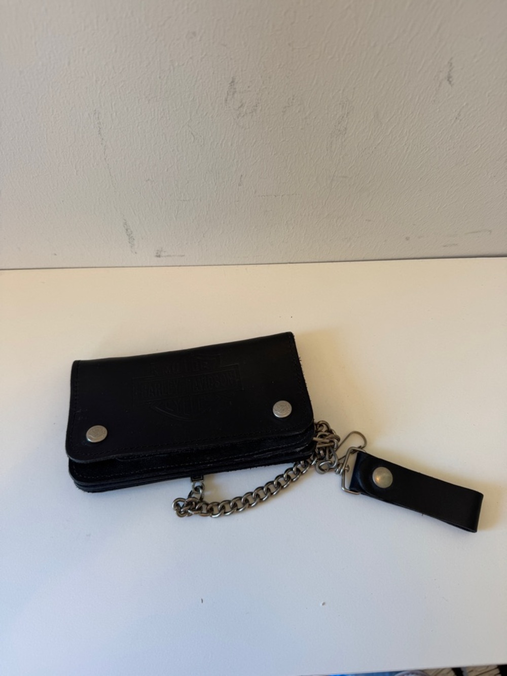 Harley-Davidson Black Leather Chain Wallet Biker Trifold Logo Embossed - Picture 12 of 16